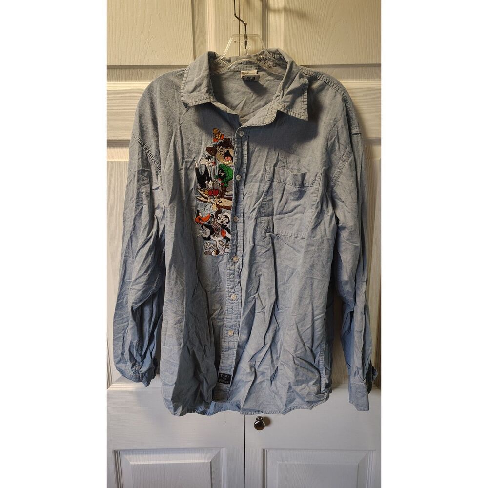 Looney Tunes Character Embroidered Light Wash Denim Button Down Shirt Large 90s
